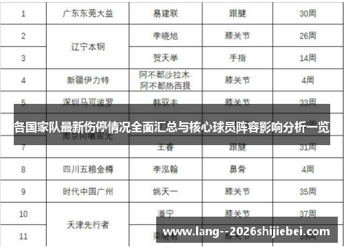 各国家队最新伤停情况全面汇总与核心球员阵容影响分析一览